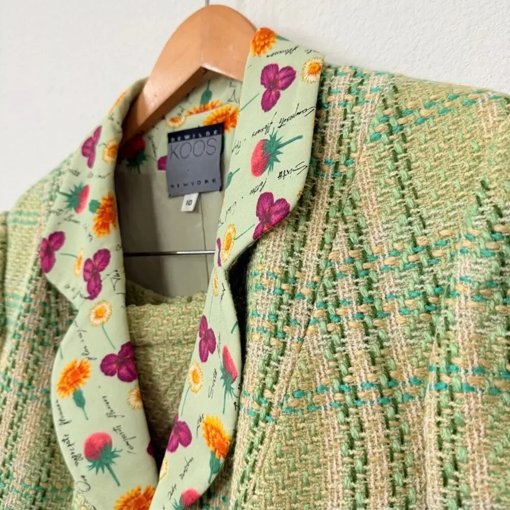 Dewilde Koos‎ New York Tweed Skirt Suit Floral Lined Blazer Green Size 10